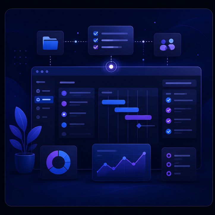 Abstract Gravitask workspace showing connected projects, timelines, and team focus