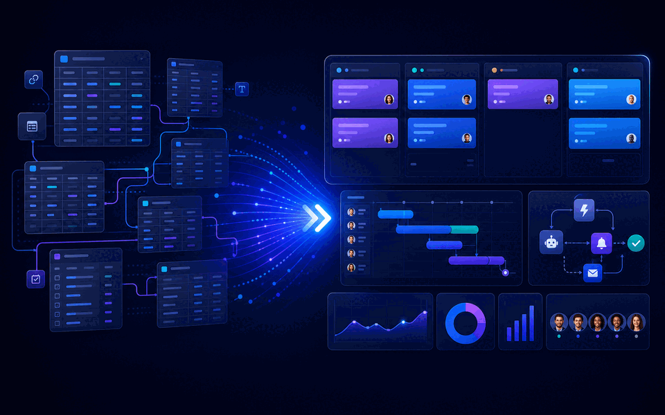 Gravitask illustration showing Airtable database tables transforming into a modern visual project workflow