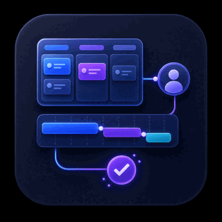 Gravitask feature icon showing kanban cards, timeline bars, owner signals, and automation working together