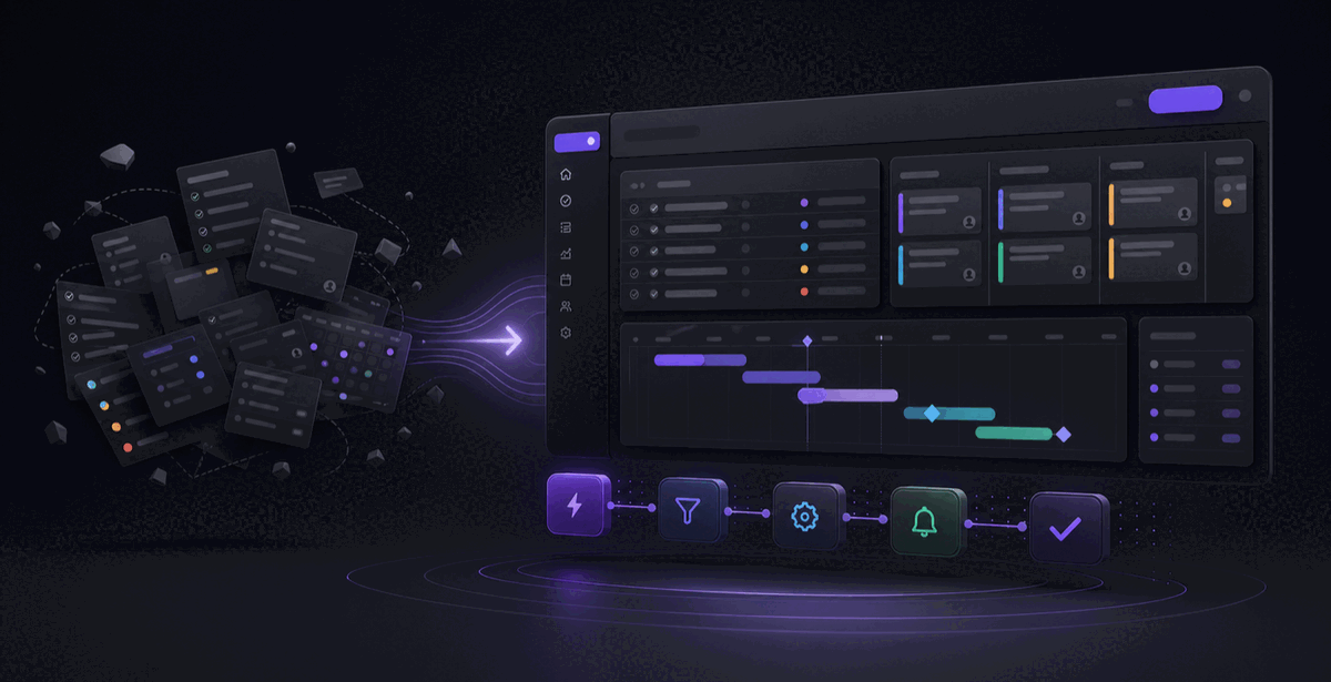 Gravitask workflow illustration showing projects moving into a focused dashboard