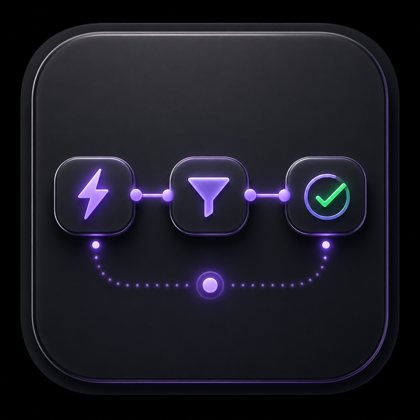 Gravitask feature icon showing simple trigger, filter, and done automation steps