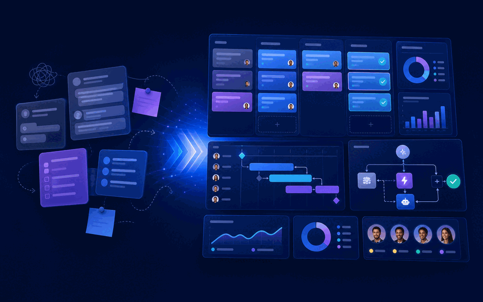 Gravitask illustration showing Basecamp-style simple collaboration becoming a structured modern workflow