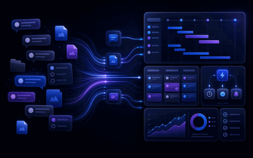 Abstract comparison graphic showing simple project communication evolving into a fuller Gravitask workflow