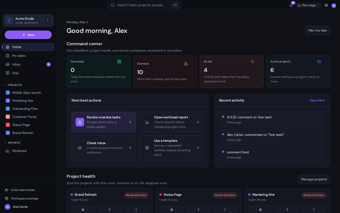 The Gravitask dashboard showing tasks due today, overdue, at risk, and active projects in one command center