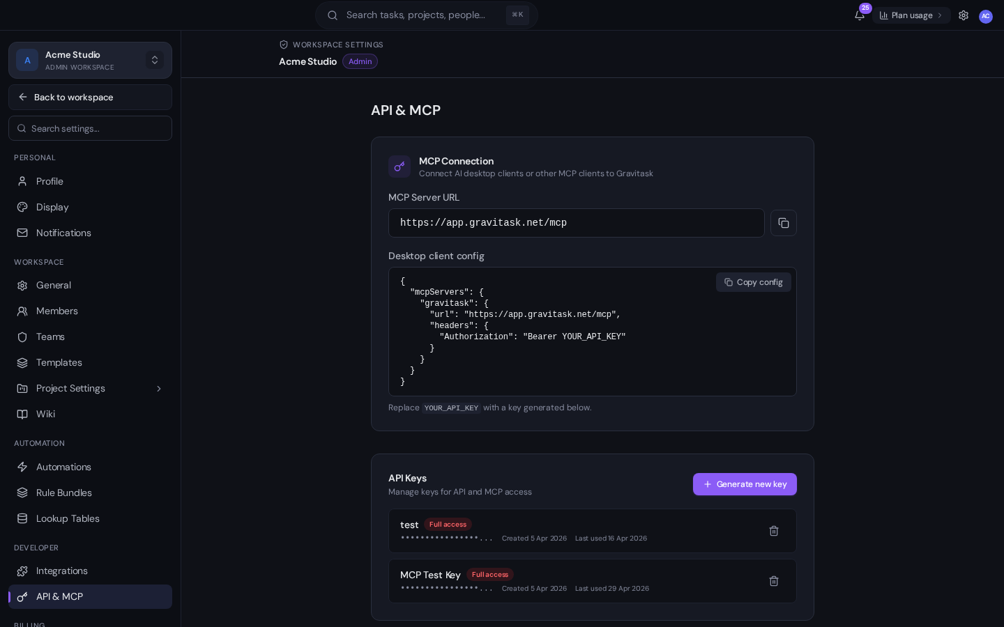 Gravitask Settings page open on the API and MCP tab, showing the MCP server URL https://app.gravitask.net/mcp and a JSON config for desktop AI clients