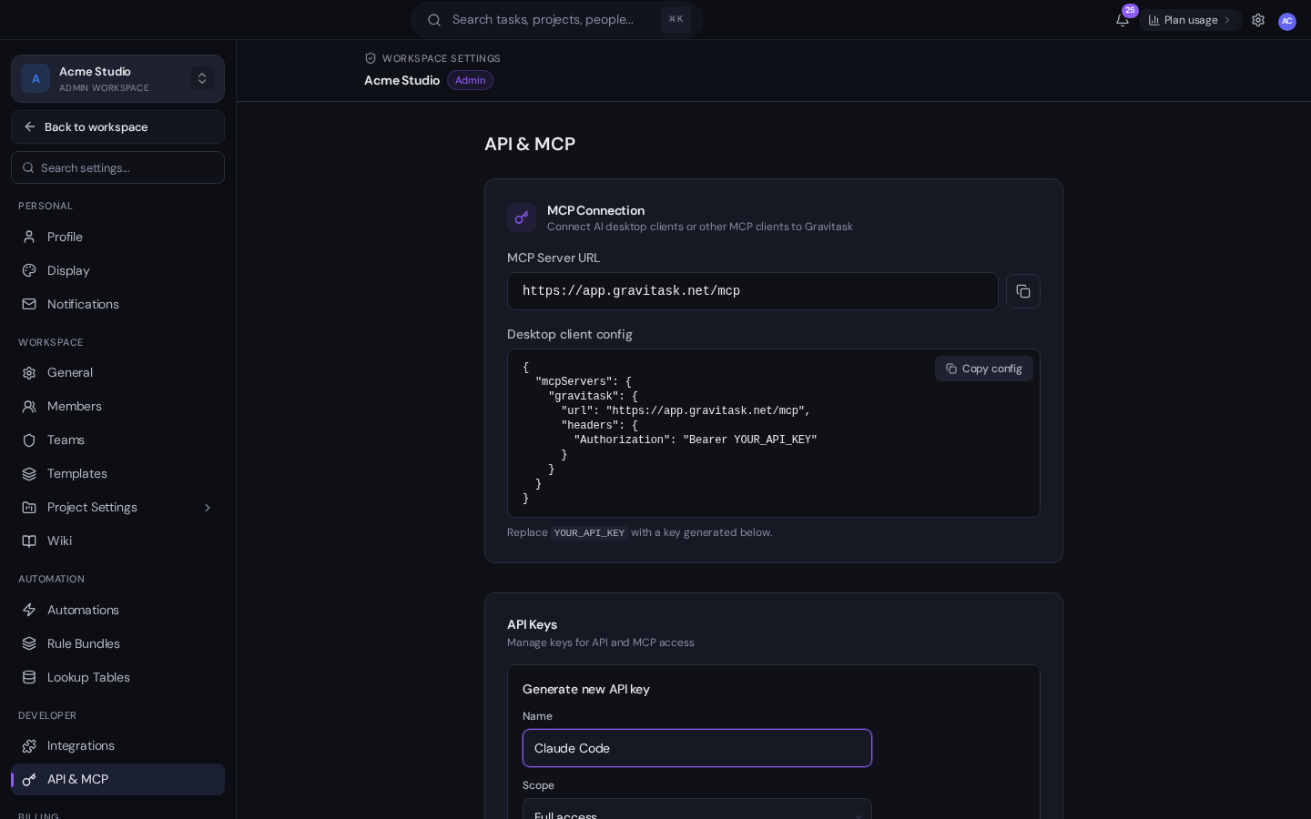Gravitask Generate new API key form with the name set to Claude Code and scope set to Full access