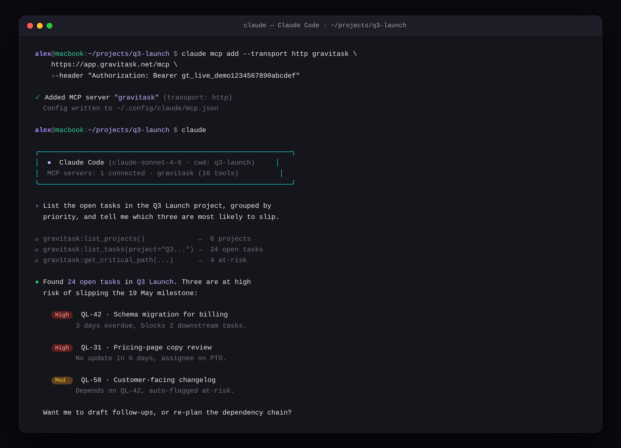 Claude Code terminal session showing the gravitask MCP server connected with sixteen tools, then answering a sprint triage question with three at-risk tasks