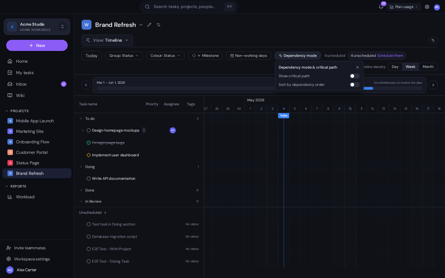 The Dependency mode and critical path popover in Gravitask, opened from the timeline header. It contains two toggles: Show critical path and Sort by dependency order.