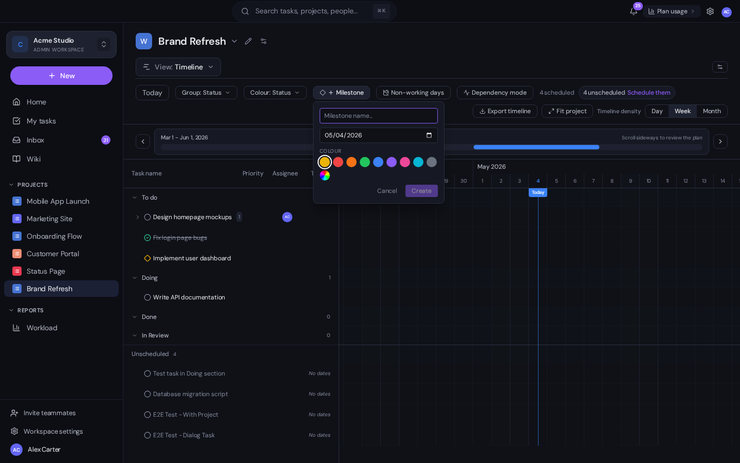 The milestone creation popover in Gravitask. It contains a milestone name input, a date picker showing 05/04/2026, a colour picker with eleven colour swatches, and Cancel and Create buttons.