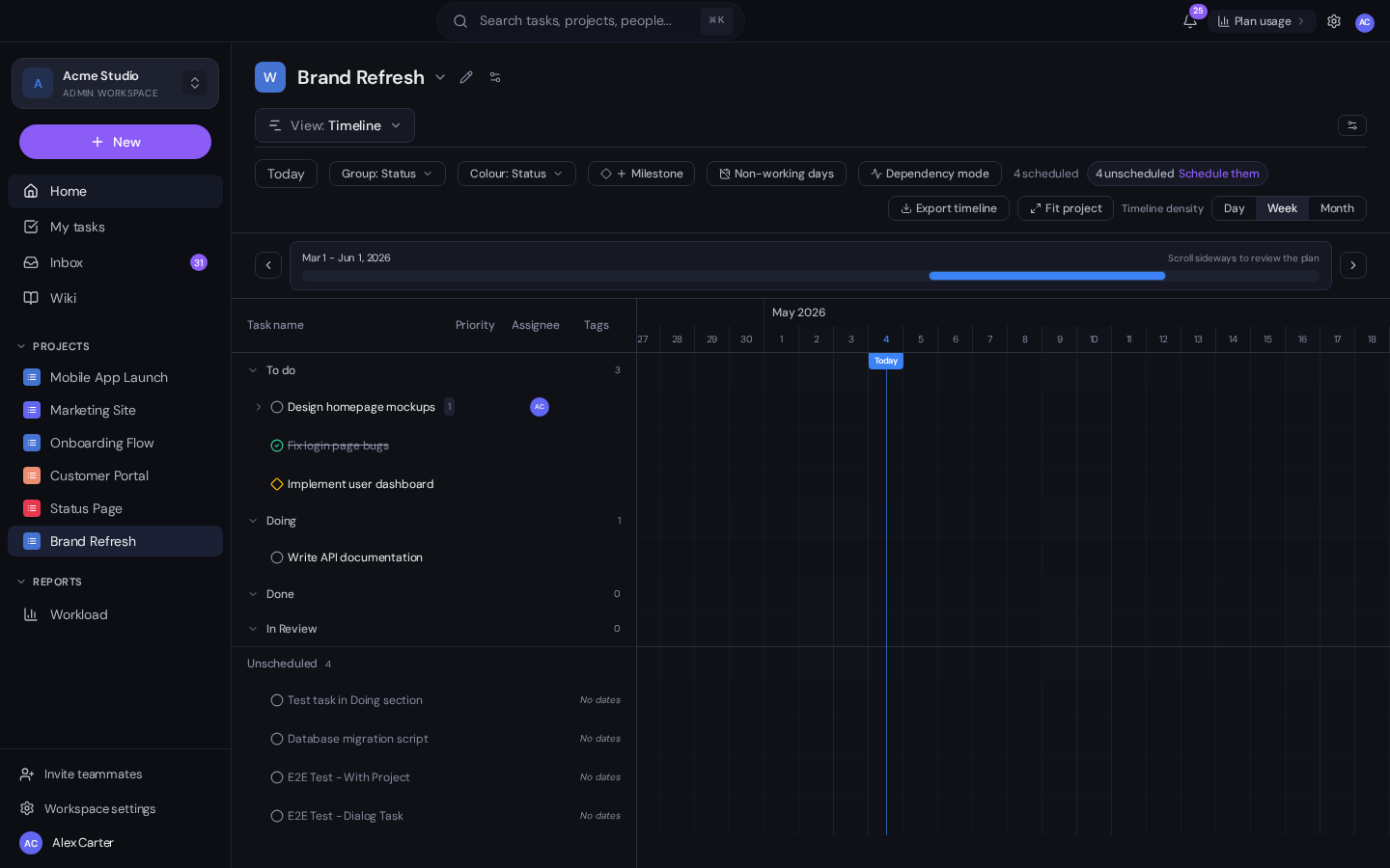 The Gravitask Timeline view of a project. The left sidebar shows other projects in the workspace and a Reports section. The main area shows the project header (Brand Refresh), a View dropdown set to Timeline, and a row of Gantt-specific controls: Today, Group, Colour, Milestone, Non-working days, Dependency mode, scheduled task counts, Export timeline, Fit project, Timeline density, and Day, Week and Month toggles. Below that is the date axis and a list of task statuses.