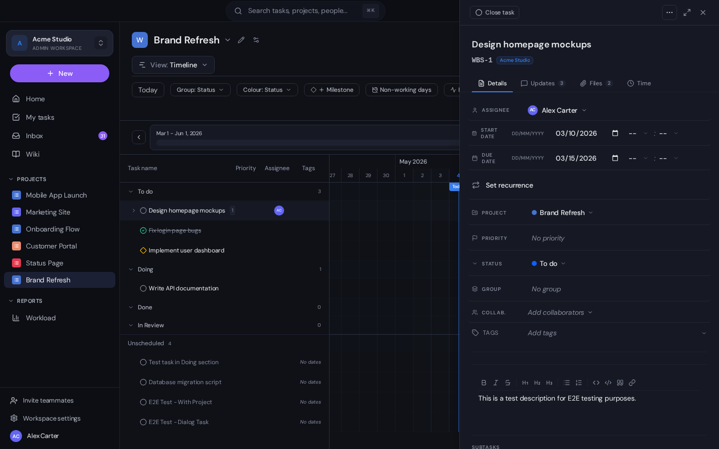 The Gravitask task drawer, showing the task title, work-breakdown structure ID, tabs for Details / Updates / Files / Time, an assignee picker, Start and Due date pickers, recurrence toggle, project, priority, status, group, collaborators and tags.