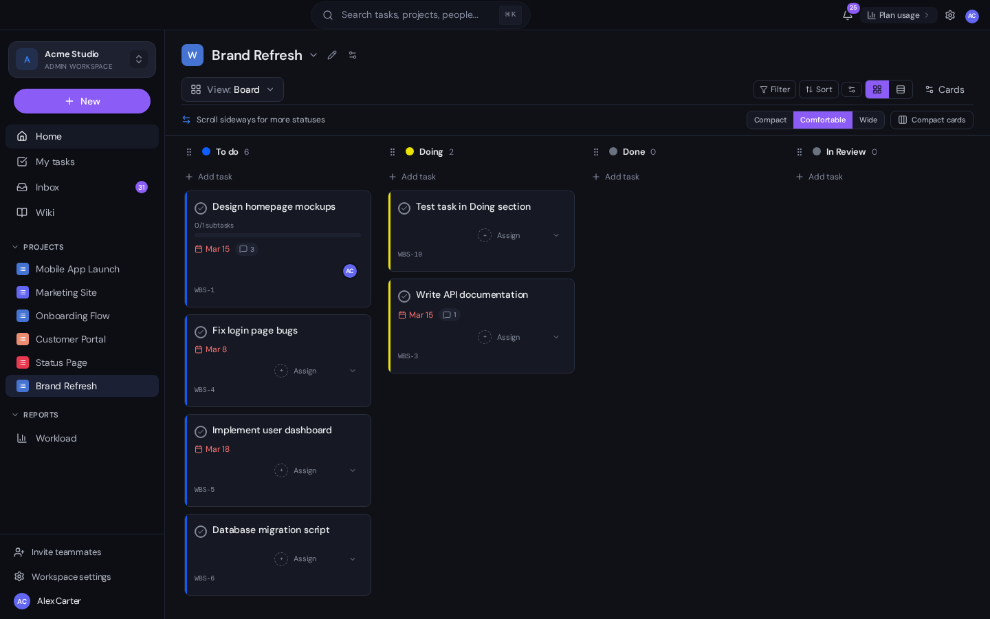 The Gravitask Board (Kanban) view of a project, with columns for To do, Doing, Done and In Review. Each task card shows the title, due date, assignee avatar, comment count, work-breakdown structure ID and any subtask indicator.