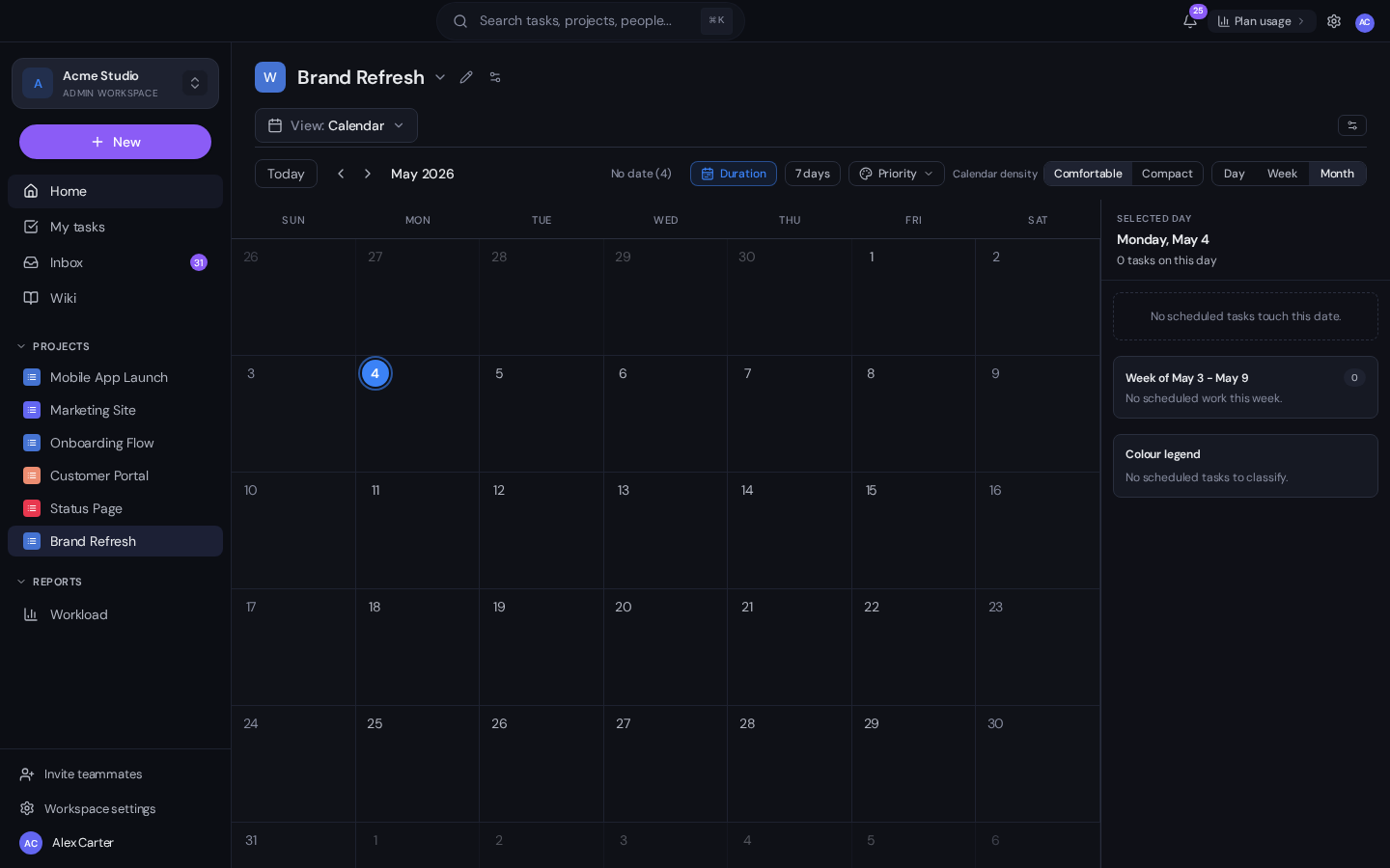 The Gravitask Calendar view of a project, showing May 2026 in a month grid. Each day shows scheduled tasks; today is highlighted in violet. The right rail shows a "Selected day" panel and a colour legend.