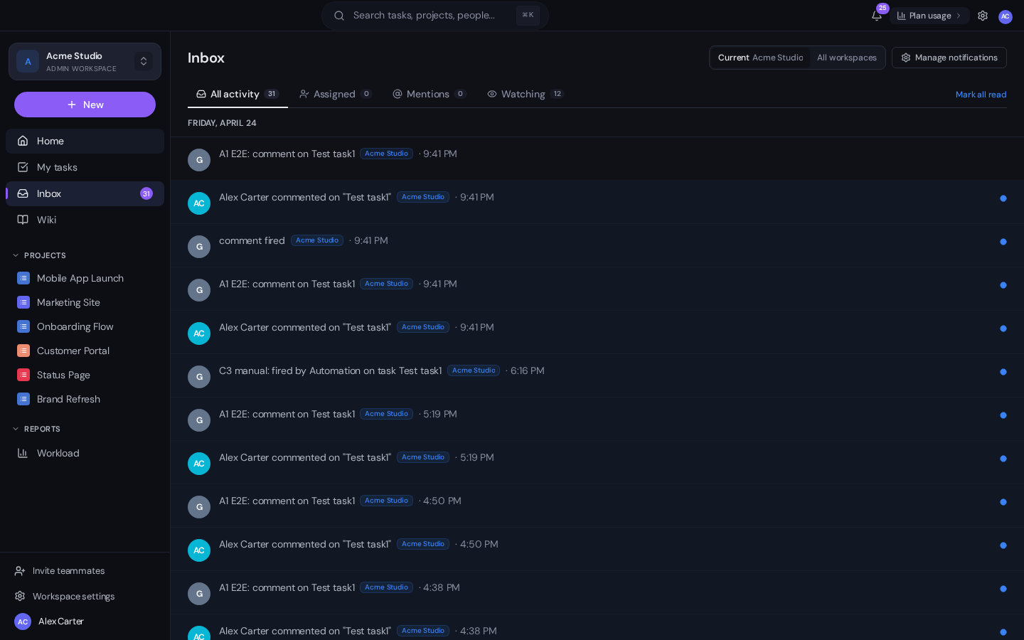 The Gravitask Inbox view, showing a list of notifications grouped by date with filters for All, Mentions, Assigned and Following. Each notification shows the source task, the actor and a short description of what changed.