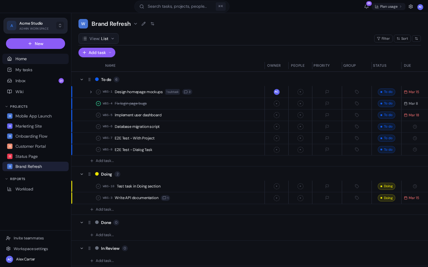 The Gravitask List view of a project, with tasks grouped by status (To do, Doing, Done, In Review). Each row shows the task title, priority, assignee, due date and tags. Columns are configurable and can be sorted.