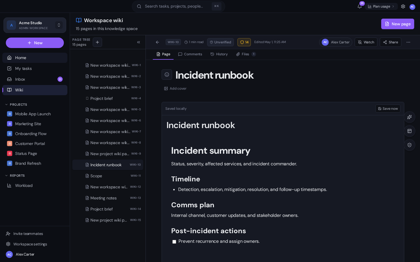 The Gravitask Wiki view. The left column shows a page tree with 15 pages including New workspace wiki, Incident runbook, Project brief, Meeting notes. The main area shows an Incident runbook page with sections for Incident summary, Timeline, Comms plan and Post-incident actions.