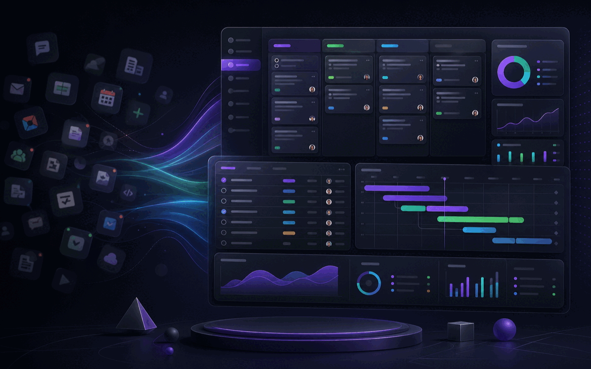 Gravitask workflow illustration showing scattered tools converging into one focused project workspace