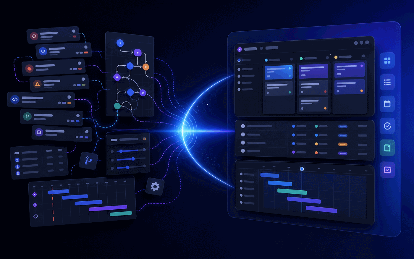 Gravitask illustration showing Jira-style issue complexity turning into a cleaner project workflow