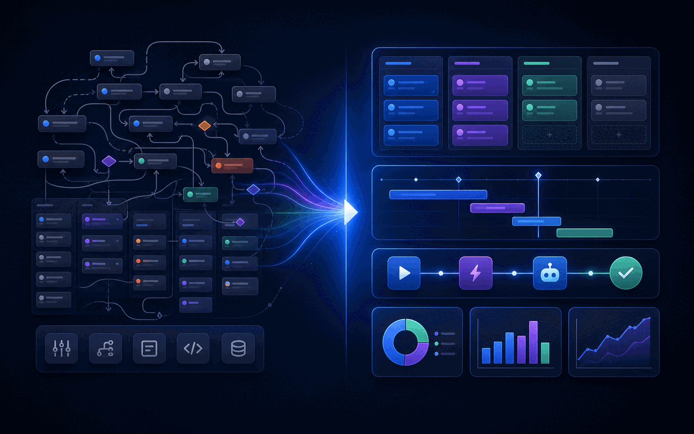 Abstract comparison graphic showing complex Jira workflows becoming a simpler Gravitask operating rhythm