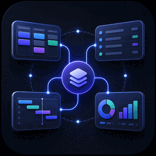 Gravitask feature icon showing connected kanban, list, timeline, and dashboard views