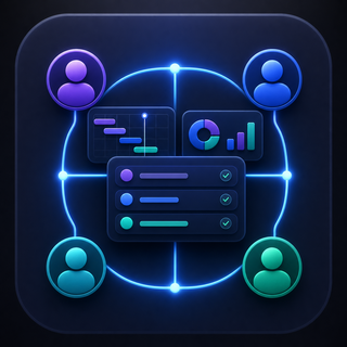Gravitask feature icon showing product, marketing, operations, and engineering teams working from one shared project workspace