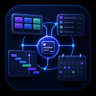 Gravitask feature icon showing connected kanban, list, timeline, calendar, and dashboard views for cross-functional teams