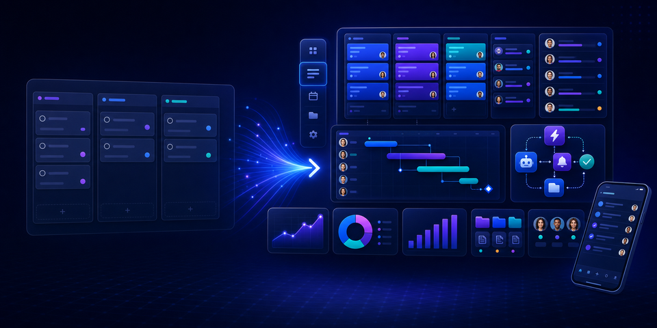 Gravitask illustration showing Microsoft Planner-style board tasks expanding into a modern multi-view project workflow