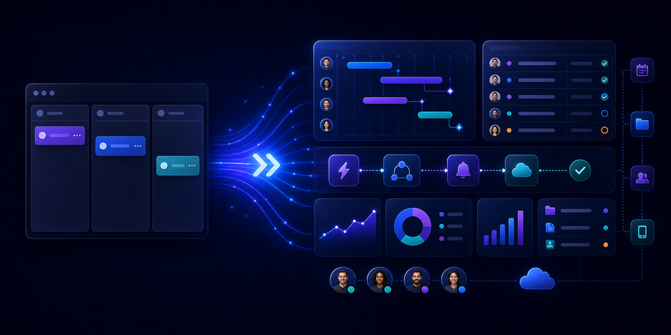 Abstract comparison graphic showing a basic Microsoft Planner board becoming a clearer Gravitask workflow