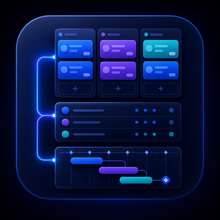 Gravitask feature icon showing Microsoft Planner board tasks expanding into kanban, list, and timeline views