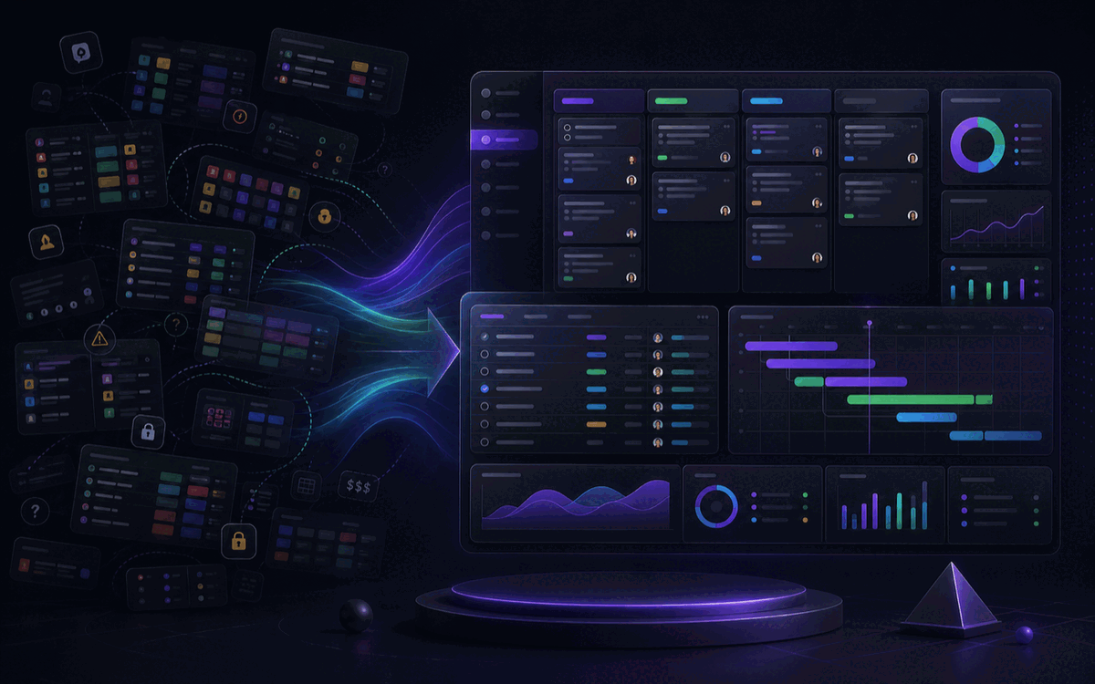 Gravitask workflow illustration showing scattered Monday.com-style boards converging into one focused project workspace