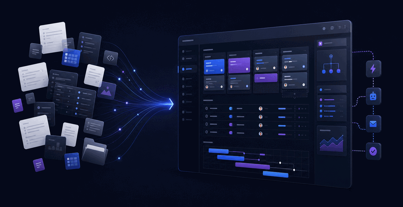 Gravitask illustration showing a focused workflow replacing a messy all-in-one workspace