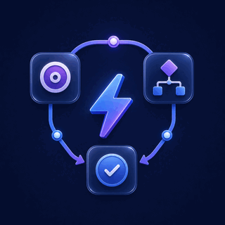 Gravitask feature icon showing a workflow automation path with trigger and done states