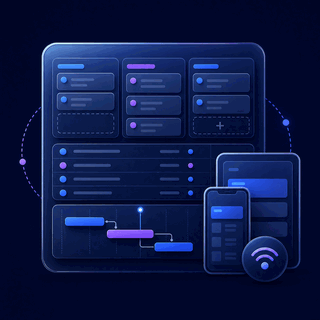 Gravitask feature icon showing connected kanban, list, timeline, and mobile project views