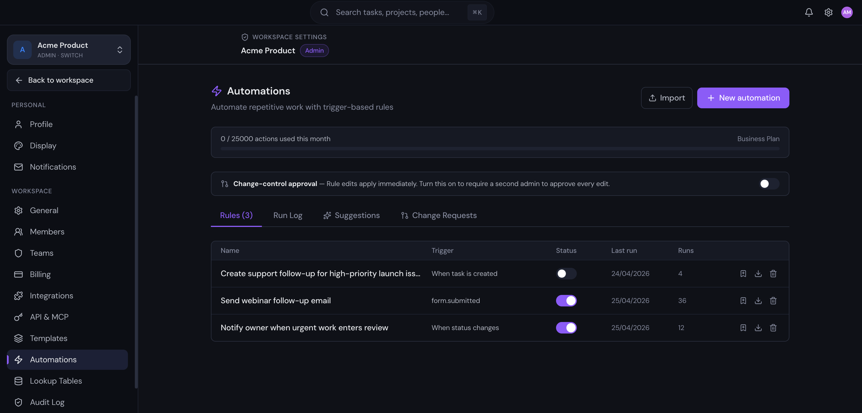 Gravitask automations settings showing rules and run history