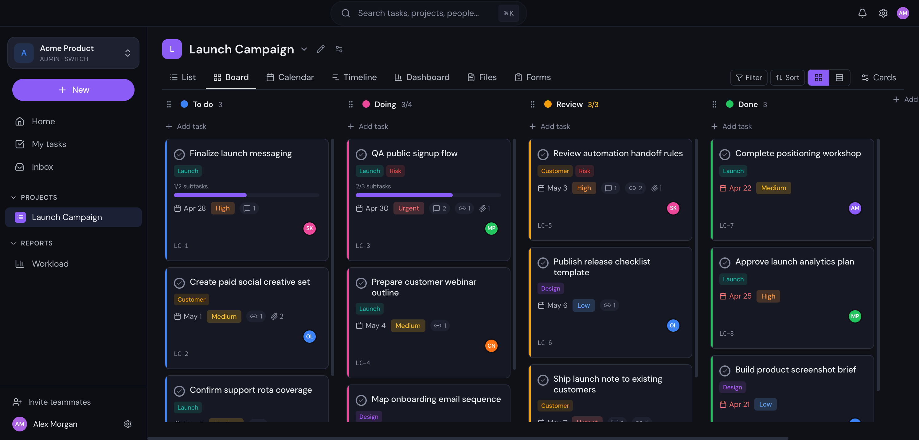 Gravitask board view showing task cards across workflow columns