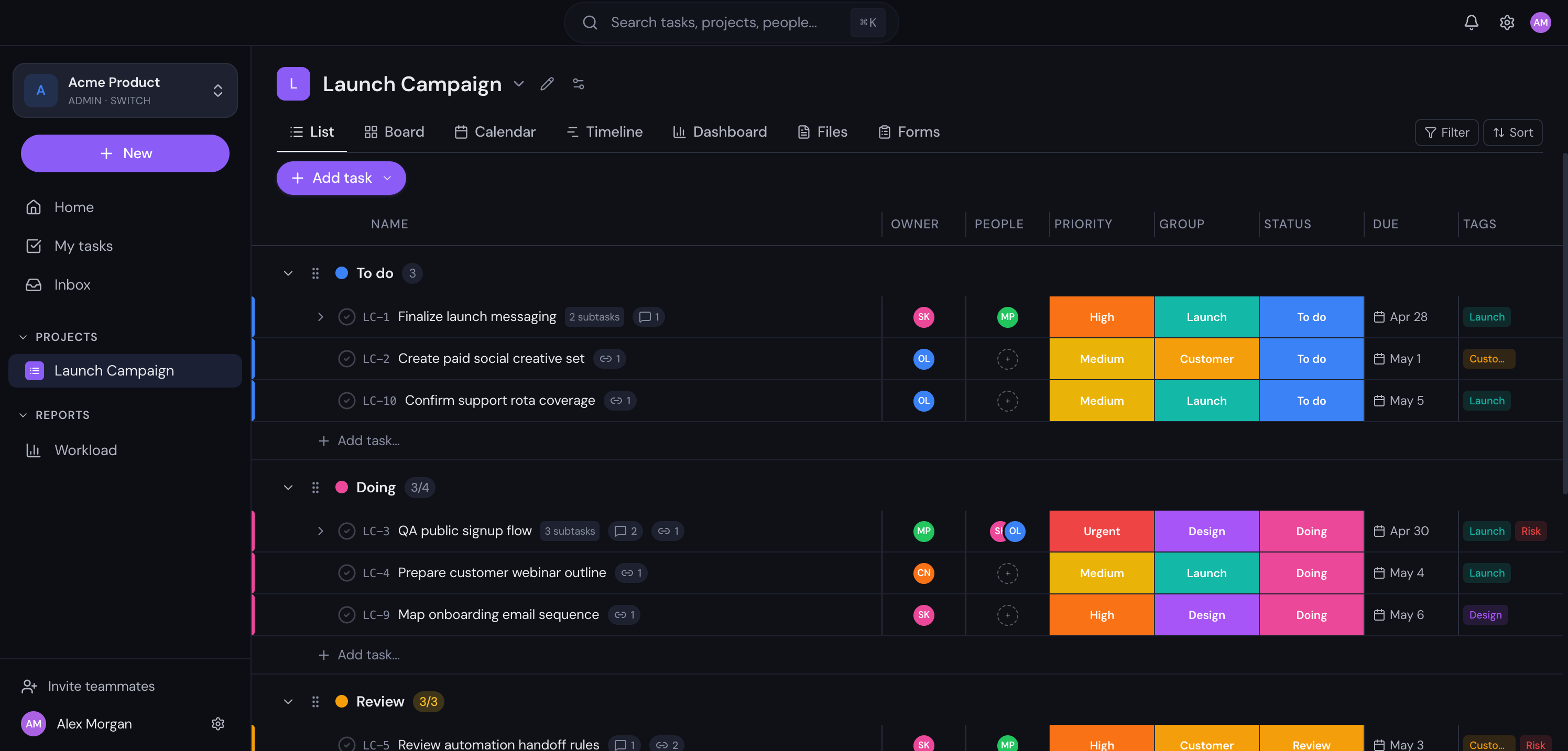 Gravitask list view showing project tasks grouped by section