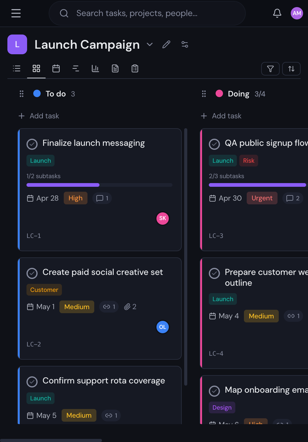 Gravitask mobile view showing tasks in a compact responsive layout