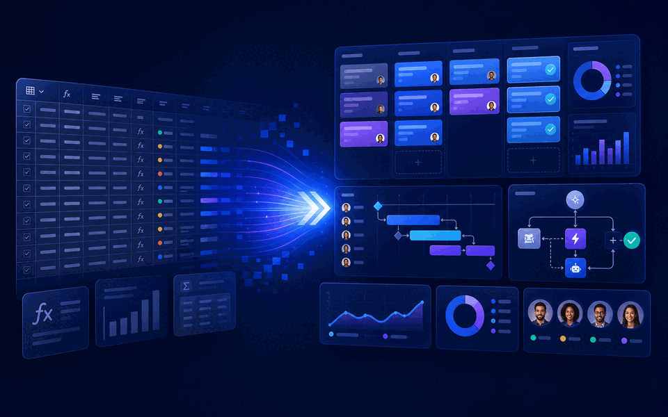 Gravitask illustration showing spreadsheet-style work transforming into a modern visual project workflow