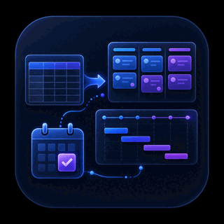Gravitask feature icon showing spreadsheet grids transforming into kanban, list, timeline, and calendar project views