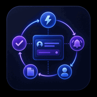Gravitask feature icon showing automation loops, reminders, owner assignment, files, and completed project work