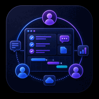 Gravitask feature icon showing team collaboration around shared project dashboards, files, comments, and timeline progress