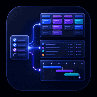 Gravitask feature icon showing a simple checklist expanding into kanban, list, and timeline project views