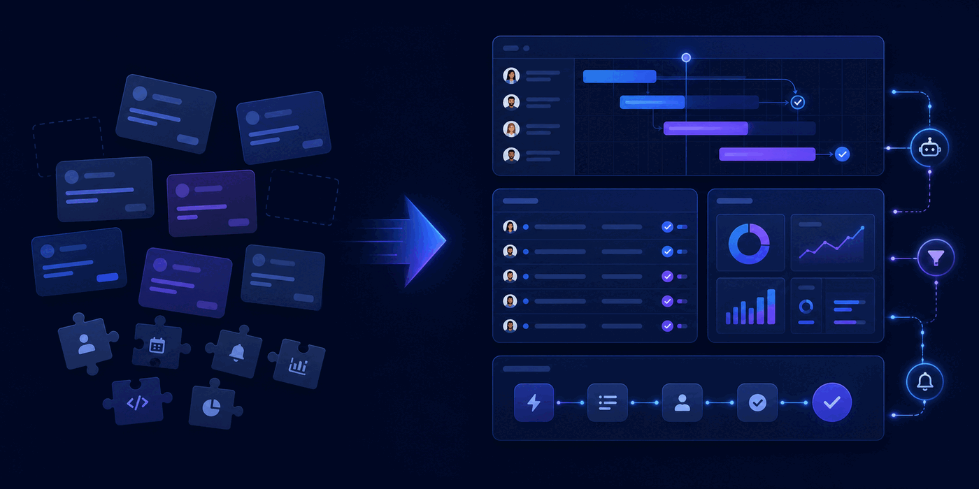 Abstract comparison graphic showing scattered Trello cards becoming an organised Gravitask workflow