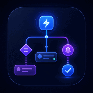 Gravitask feature icon showing a workflow automation path with trigger, notification, and done states