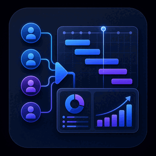 Gravitask feature icon showing team workflows connected to a timeline and reporting dashboard