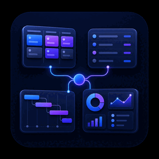 Gravitask feature icon showing connected kanban, list, timeline, and dashboard views