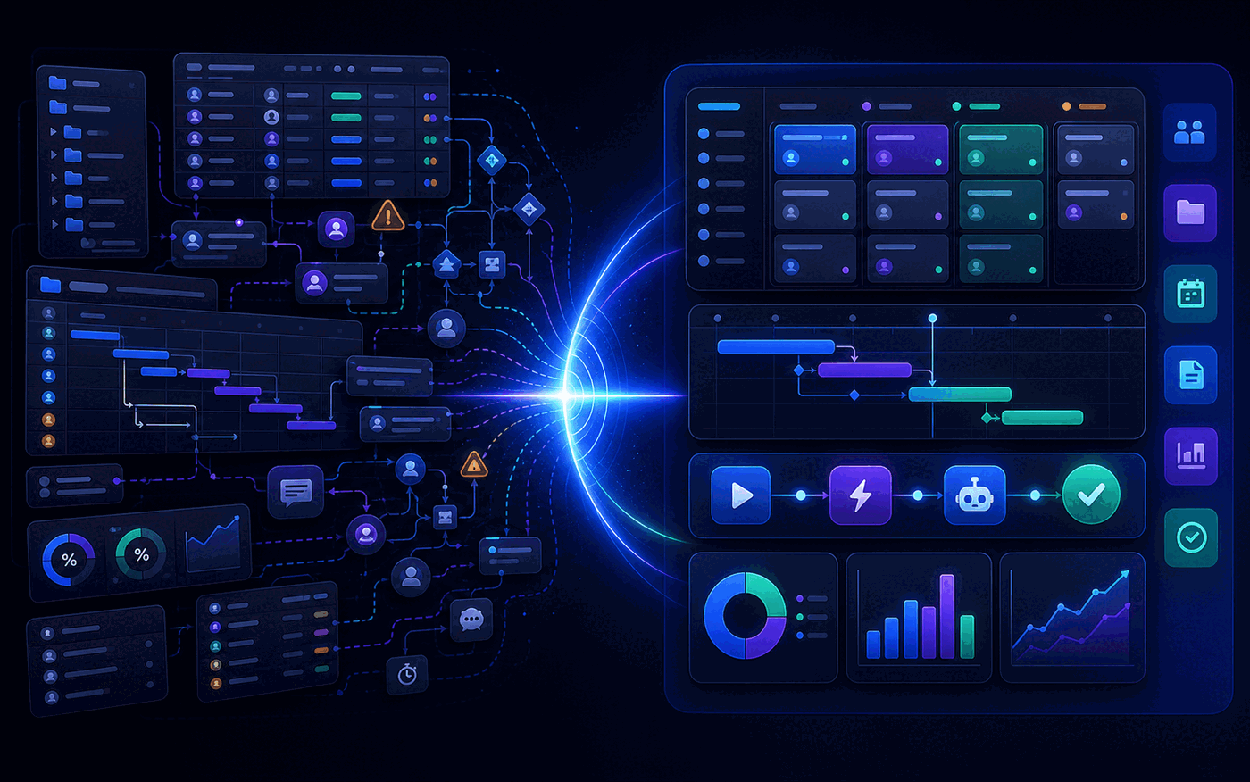 Abstract comparison graphic showing complex Wrike workstreams becoming a simpler Gravitask operating rhythm