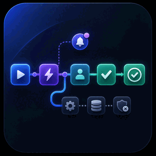 Gravitask feature icon showing a simple automation path with trigger, approval, notification, and done states