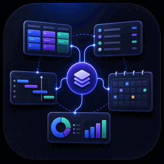 Gravitask feature icon showing connected kanban, list, timeline, calendar, and dashboard views